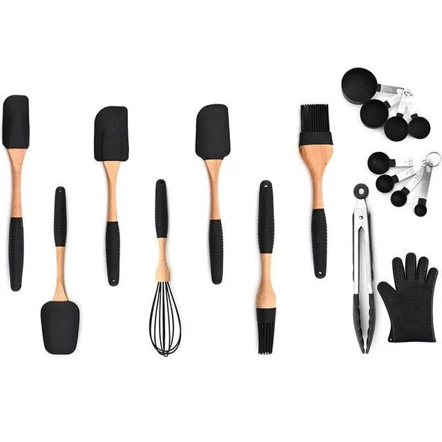 Conjunto de Utensílios de Cozinha em Silicone e Madeira de Carvalho - 11 Peças