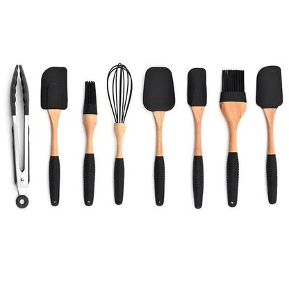 Conjunto de Utensílios de Cozinha em Silicone e Madeira de Carvalho - 11 Peças