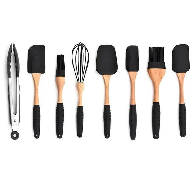 Conjunto de Utensílios de Cozinha em Silicone e Madeira de Carvalho - 11 Peças