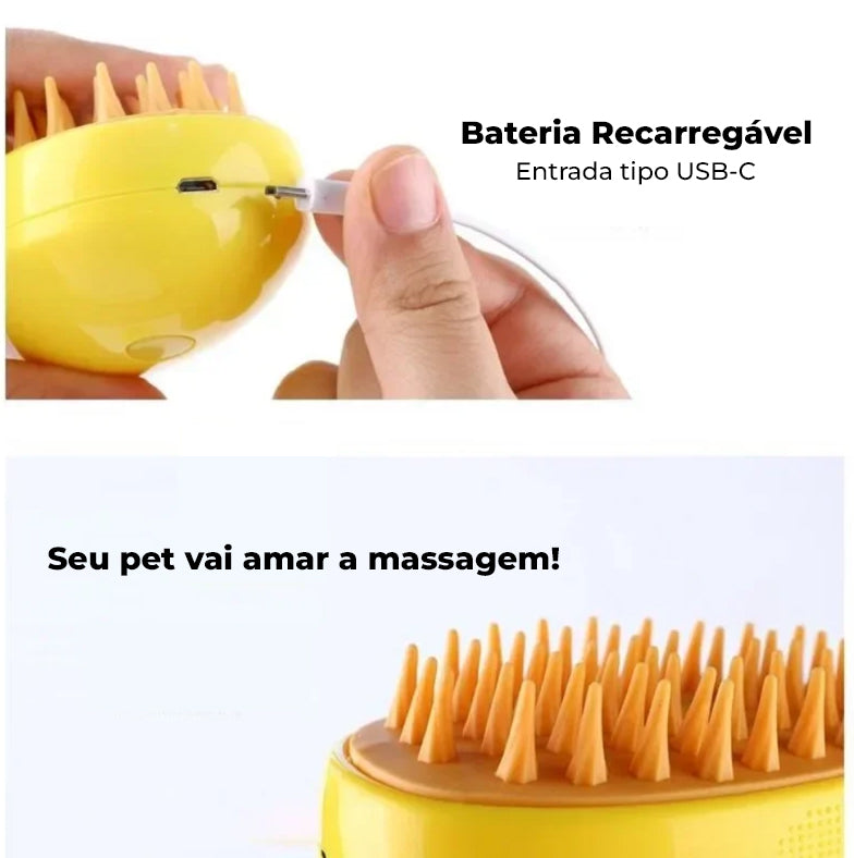 Escova a Vapor Recarregável para Higiene de Gatos - Limpeza Eficiente e Prática