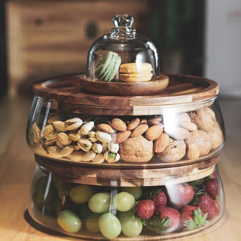 Fruteira de Mesa De Vidro Centro com Tampa de Madeira Moderna