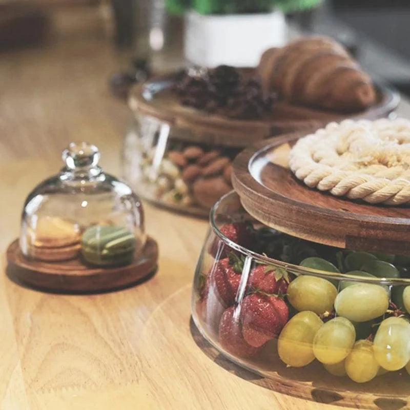 Fruteira de Mesa De Vidro Centro com Tampa de Madeira Moderna
