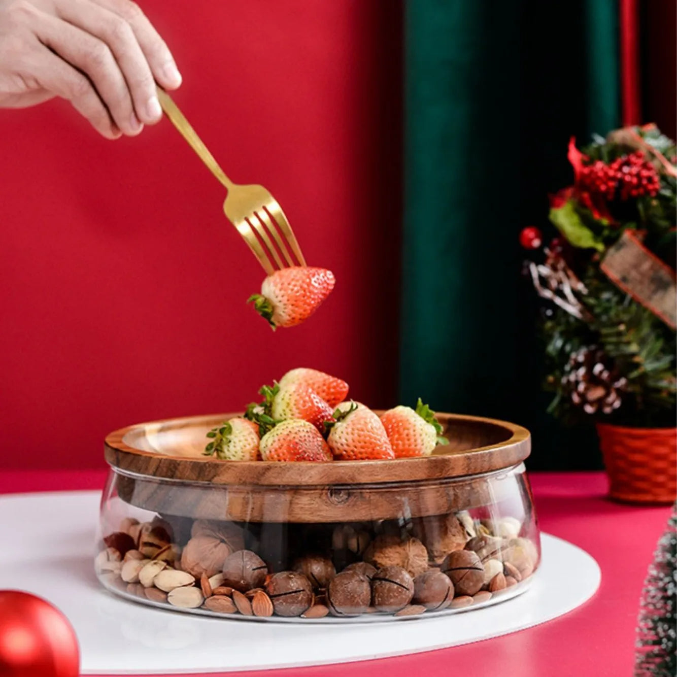 Fruteira de Mesa De Vidro Centro com Tampa de Madeira Moderna