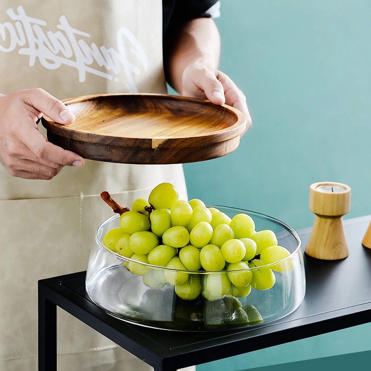 Fruteira de Mesa De Vidro Centro com Tampa de Madeira Moderna