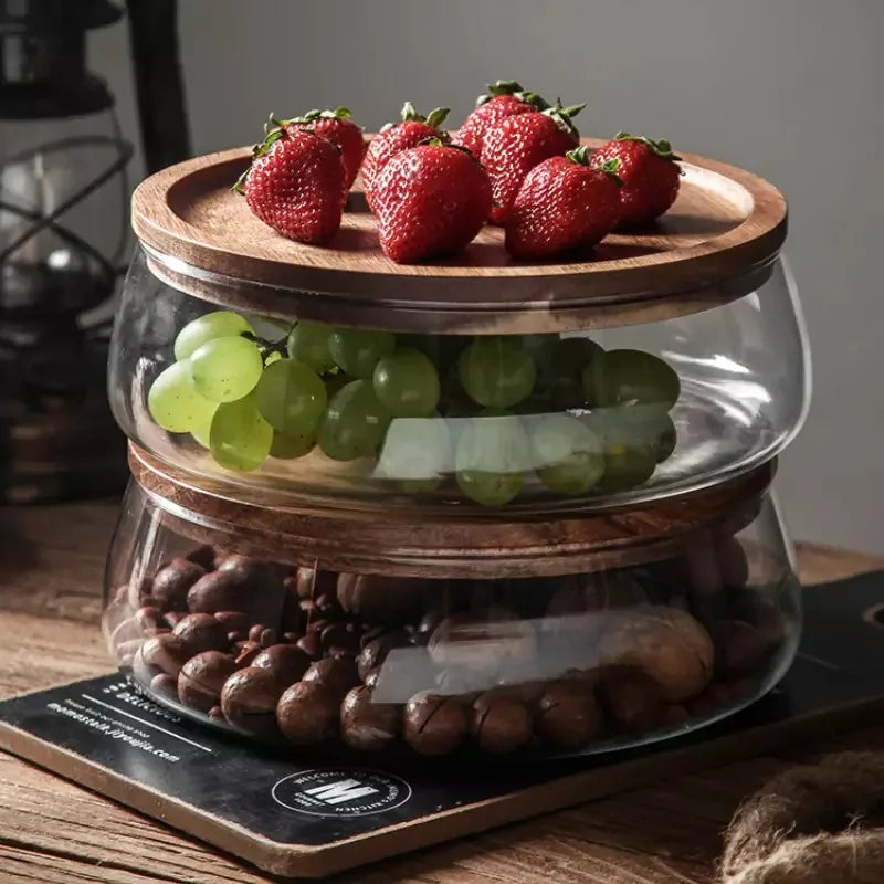 Fruteira de Mesa De Vidro Centro com Tampa de Madeira Moderna
