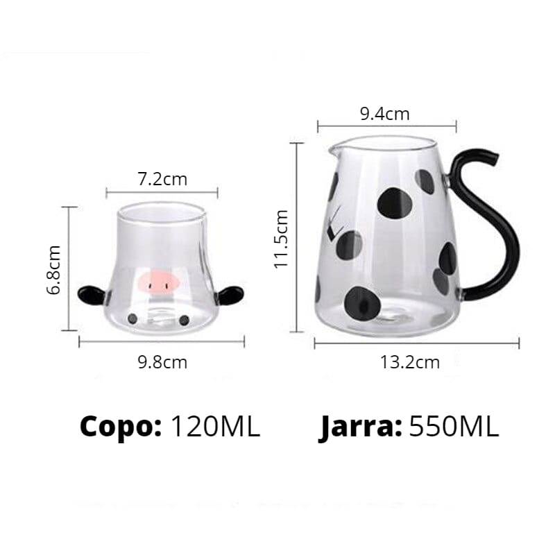 Jarra de Vidro Borossilicato com Copo em Formato de Vaquinha - Ideal para Bebidas