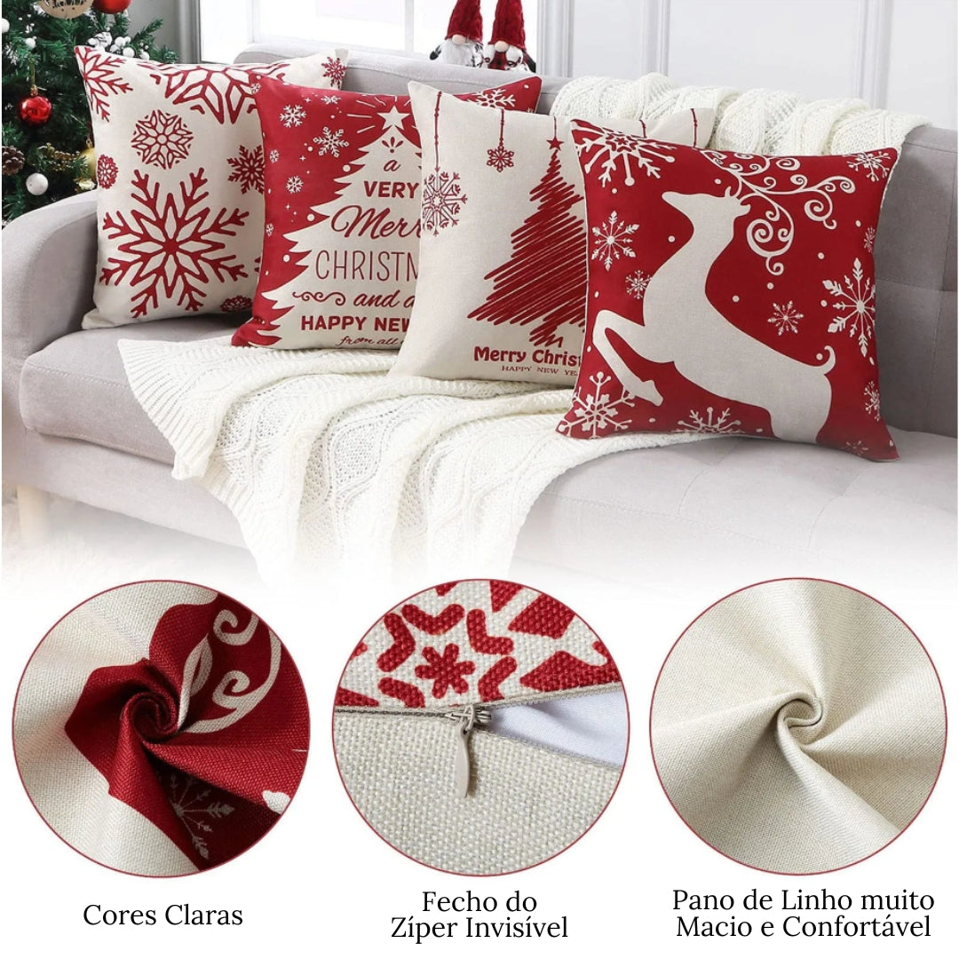Kit de Capas de Almofada Natalinas - 4 Peças para Decoração Festiva