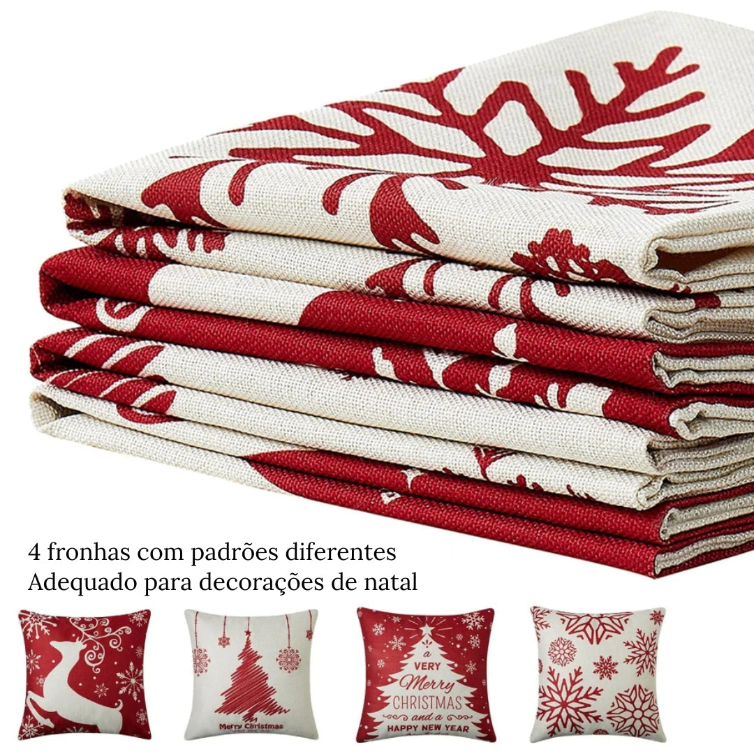 Kit de Capas de Almofada Natalinas - 4 Peças para Decoração Festiva