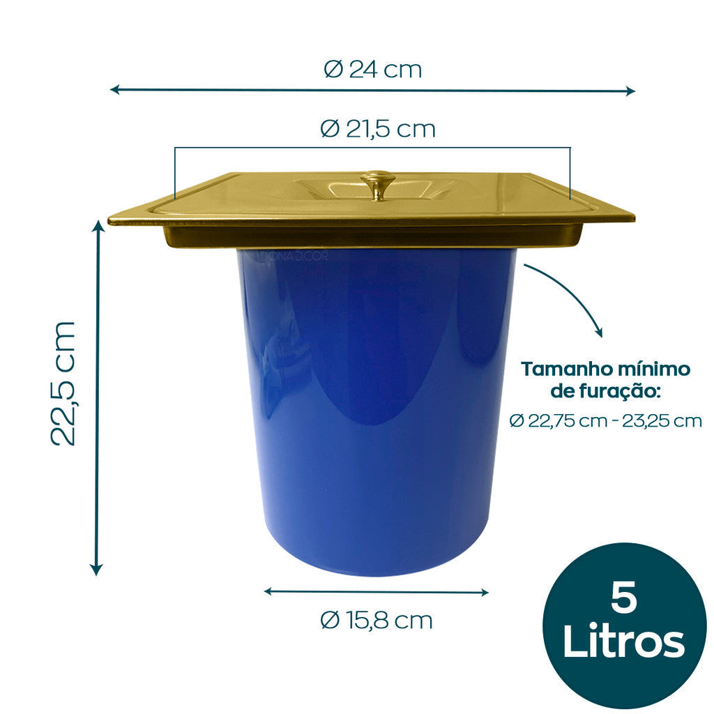 Lixeira Embutida Quadrada 5L Inox Dourado Escovado para Pia de Cozinha em Granito e Mármore
