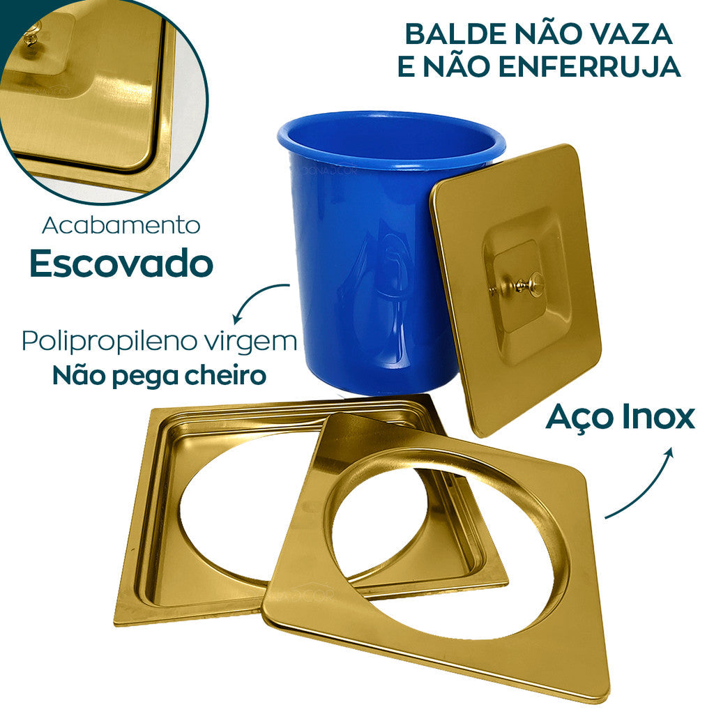 Lixeira Embutida Quadrada 5L Inox Dourado Escovado para Pia de Cozinha em Granito e Mármore