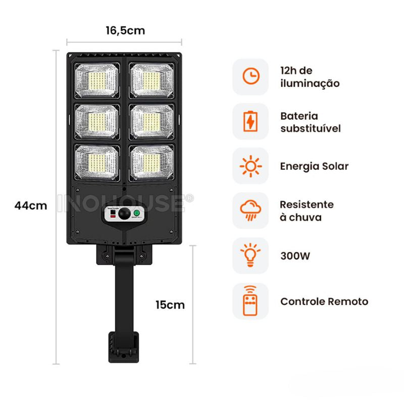 Luminária Solar Externa 300W com Sensor de Movimento e Controle Remoto