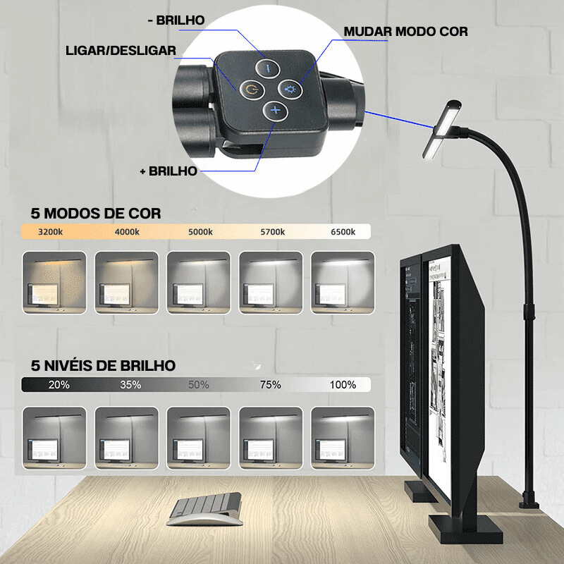 Luminária de Mesa LED Flexível para Escritório em Alumínio