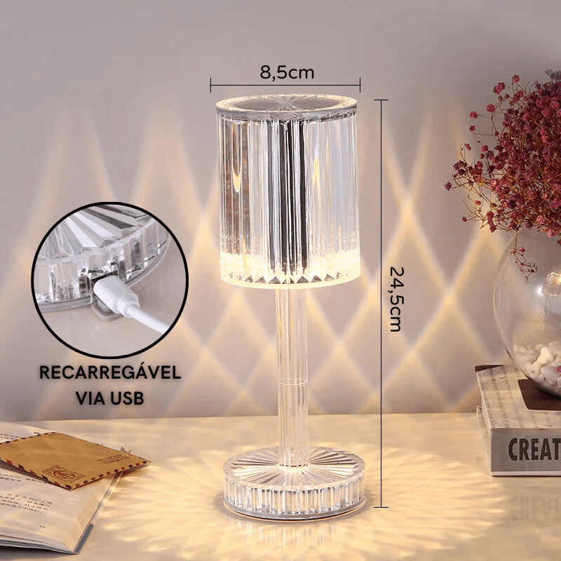 Luminária de Mesa LED Recarregável Sem Fio em Cristal - Iluminação Moderna