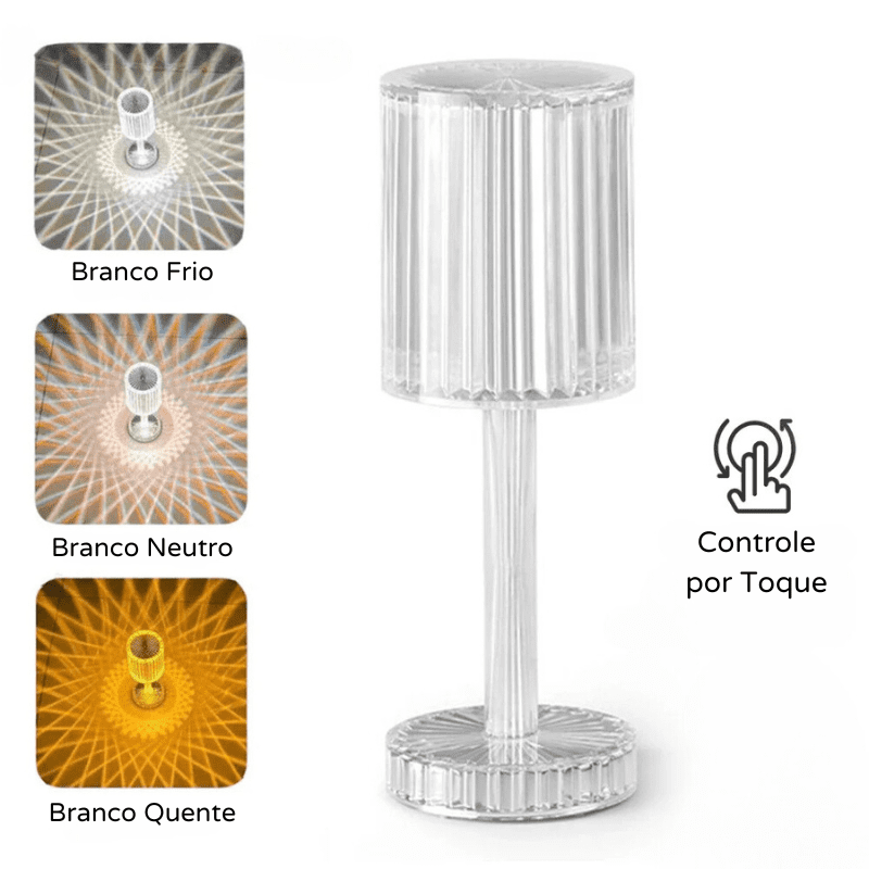 Luminária de Mesa LED Recarregável Sem Fio em Cristal - Iluminação Moderna