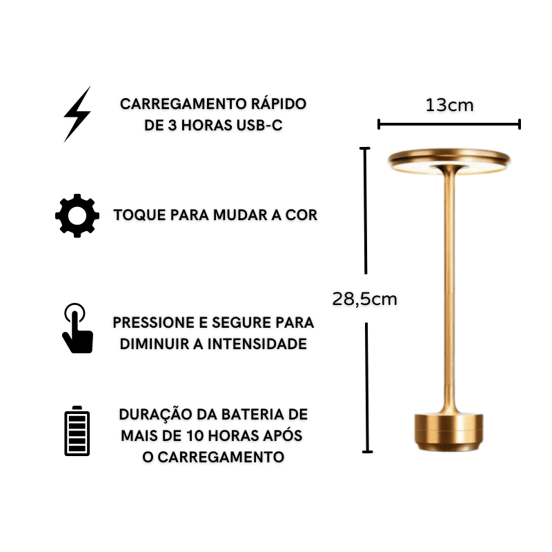 Luminária de Mesa LED Sem Fio Recarregável em Metal