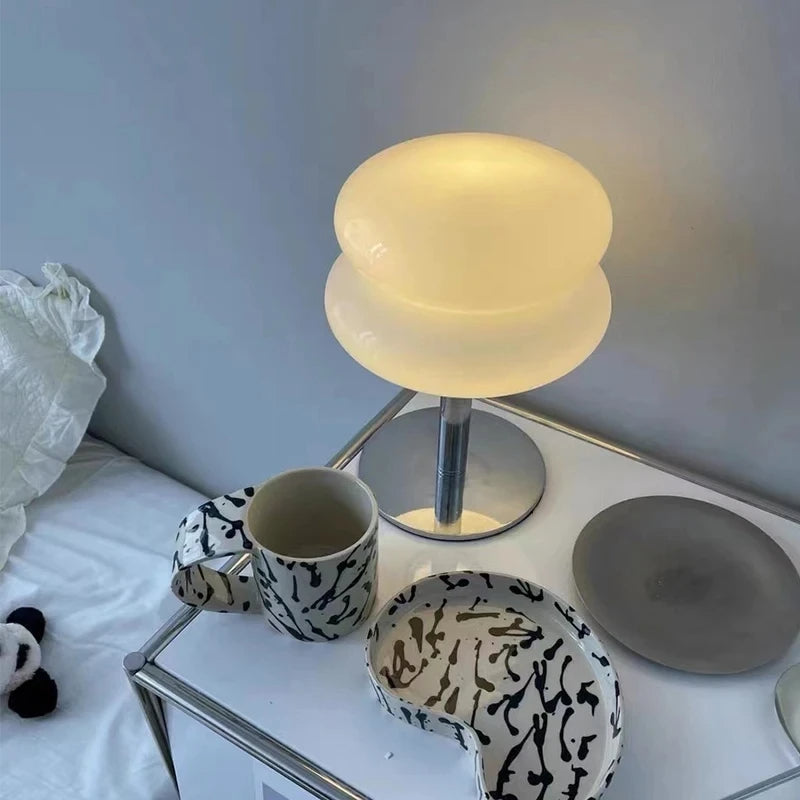 Luminária de Mesa Moderna Cogumelo em Vidro e Aço Inoxidável
