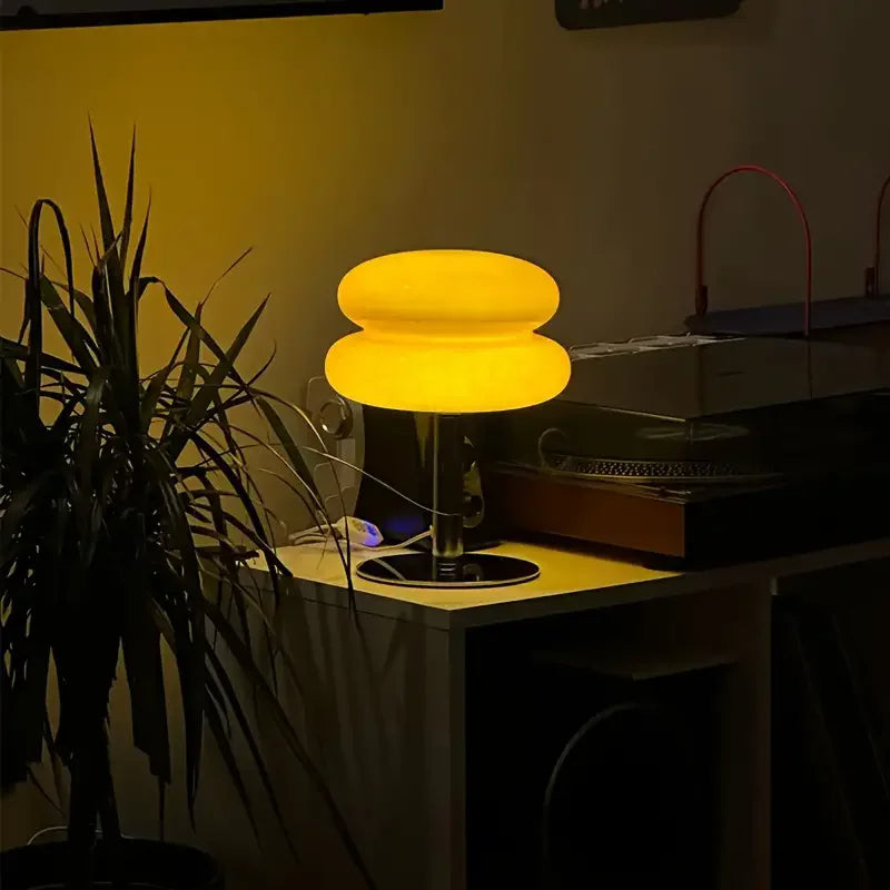 Luminária de Mesa Moderna Cogumelo em Vidro e Aço Inoxidável
