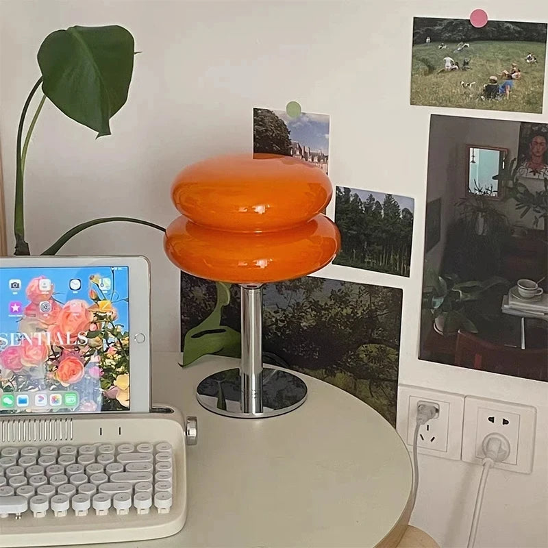 Luminária de Mesa Moderna Cogumelo em Vidro e Aço Inoxidável