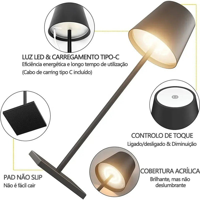 Luminária de Mesa Sem Fio Dimerizável - Iluminação Moderna e Prática