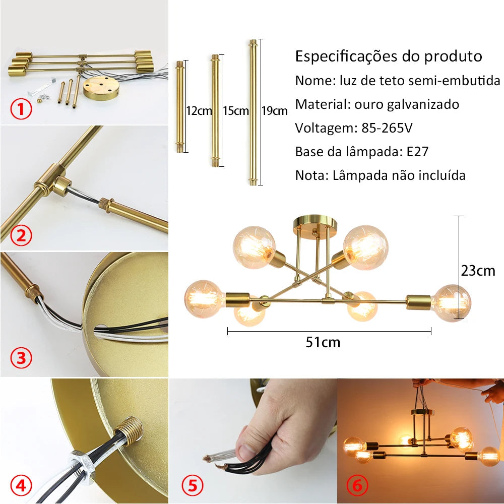 Lustre Moderno Dourado para Sala com 6 Lâmpadas