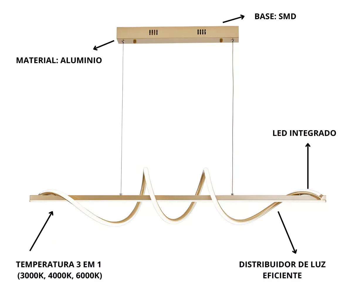 Lustre Pendente LED 45W 3 em 1 Moderno para Quarto e Sala Dourado
