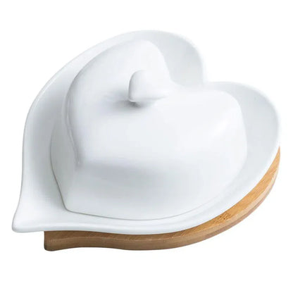 Manteigueira de Cerâmica com Base de Bambu - Design em Forma de Coração