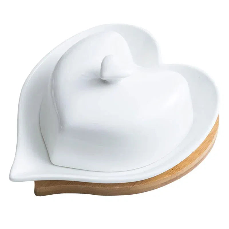 Manteigueira de Cerâmica com Base de Bambu - Design em Forma de Coração