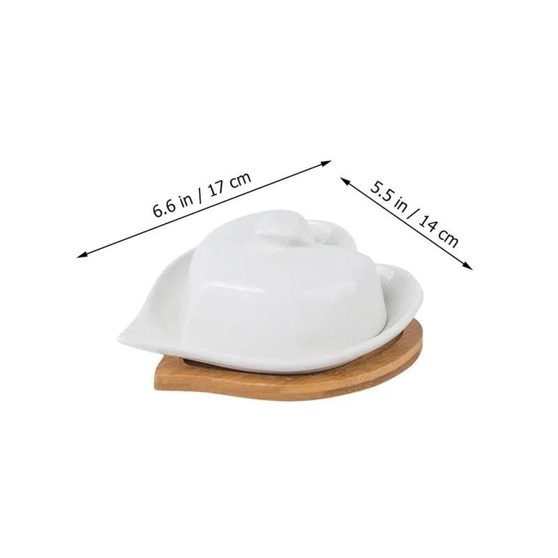 Manteigueira de Cerâmica com Base de Bambu - Design em Forma de Coração