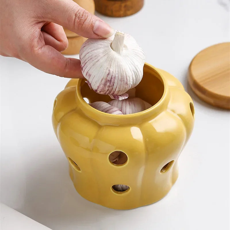 Pote de Alho em Cerâmica Respirável - Armazenamento Ideal para Alho Fresco