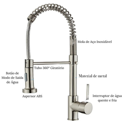 Torneira Gourmet para Cozinha com Extensão para Água Quente e Fria