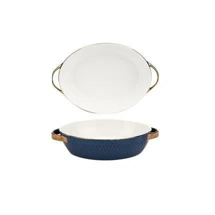Travessa de Cerâmica Francesa com Alças Douradas - Utensílio de Cozinha Elegante