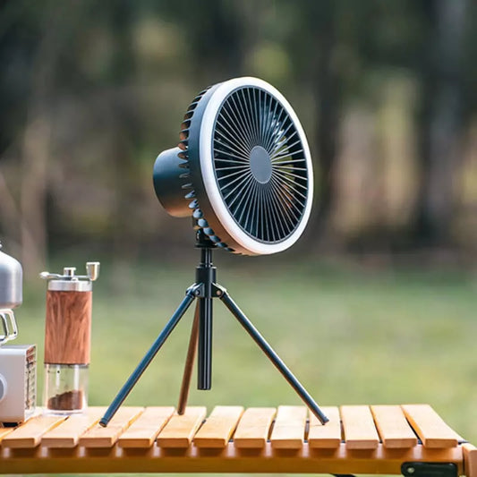 Ventilador Portátil Turbo para Camping com Tripé e Luz LED Recarregável