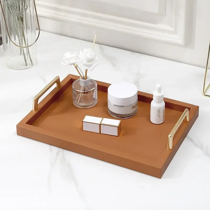 Bandeja de Couro Minimalista com Alças para Decoração e Organização