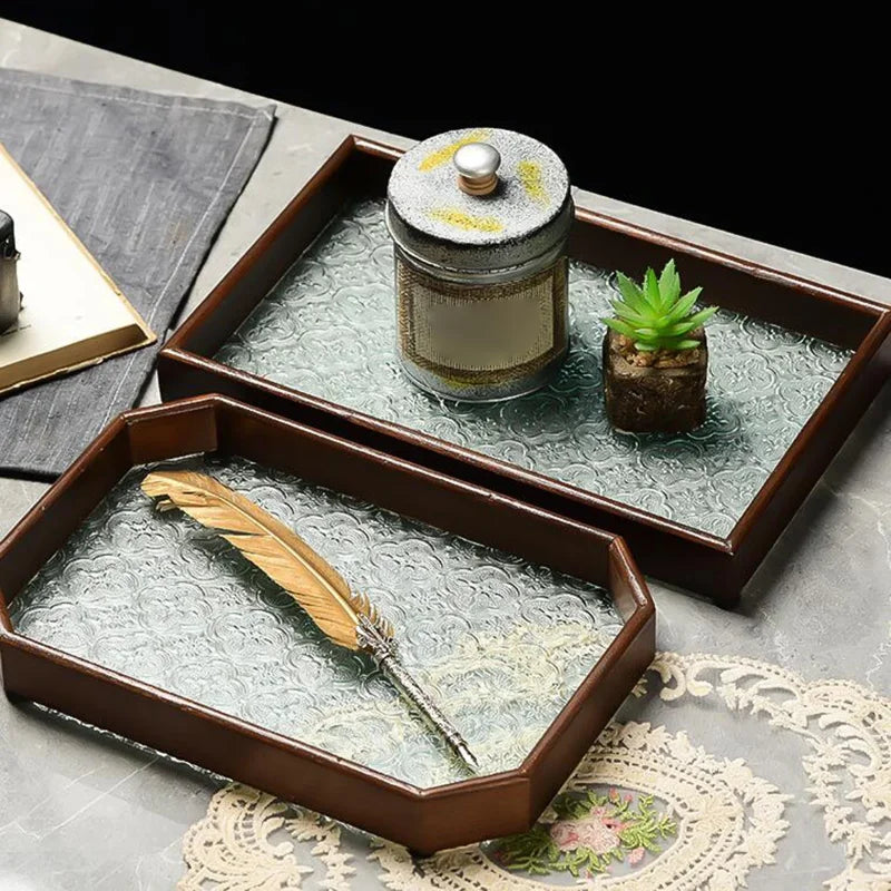 Bandeja Organizador de Vidro com Base Floral para Copos e Lanches