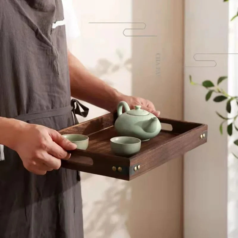 Bandeja Retangular de Madeira com Alças para Chá e Café
