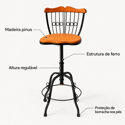 Banqueta Átrio Giratória e Regulável em Madeira e Ferro