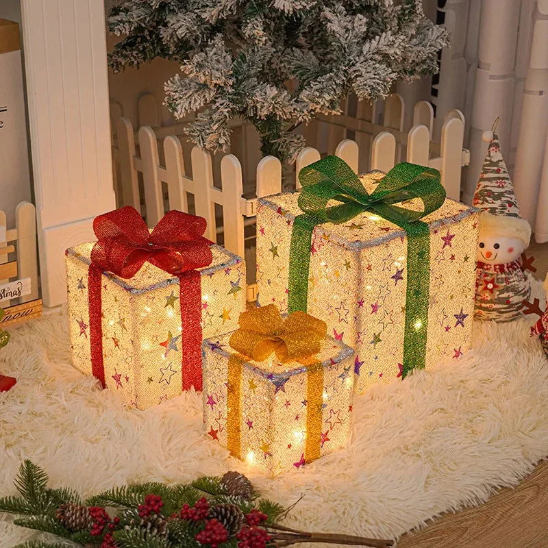 Caixa de Presente Iluminada com Laço para Decoração de Natal