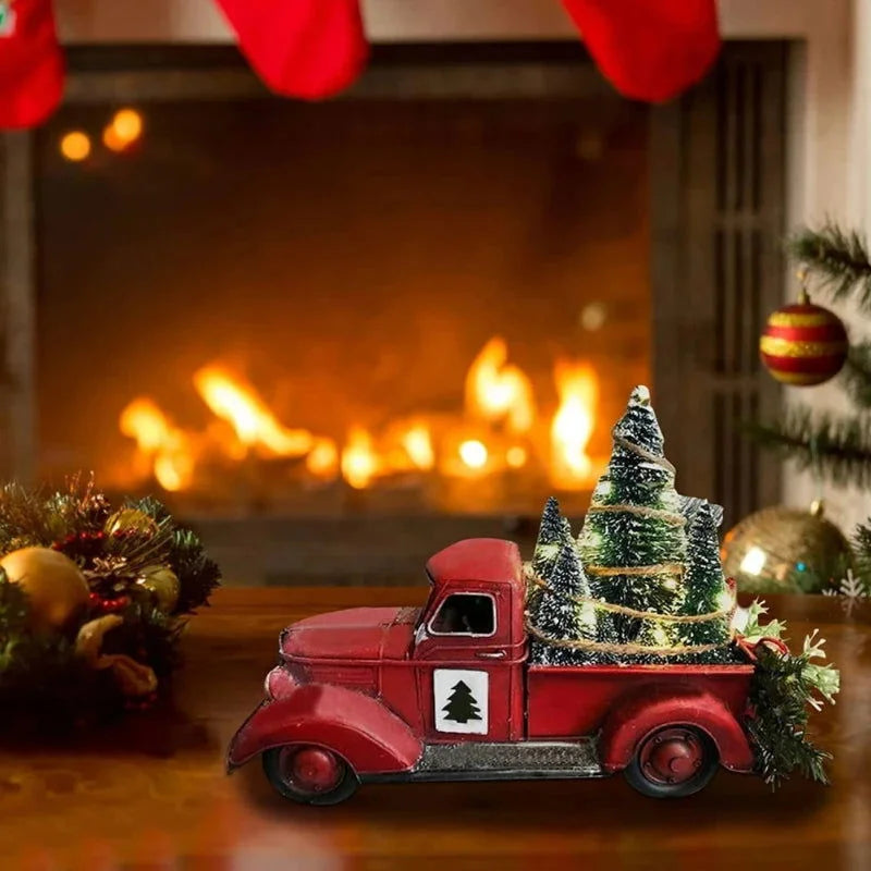 Caminhão de Natal Vermelho com Luzes LED e Ornamento em Resina