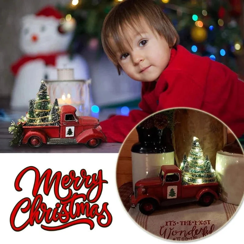 Caminhão de Natal Vermelho com Luzes LED e Ornamento em Resina