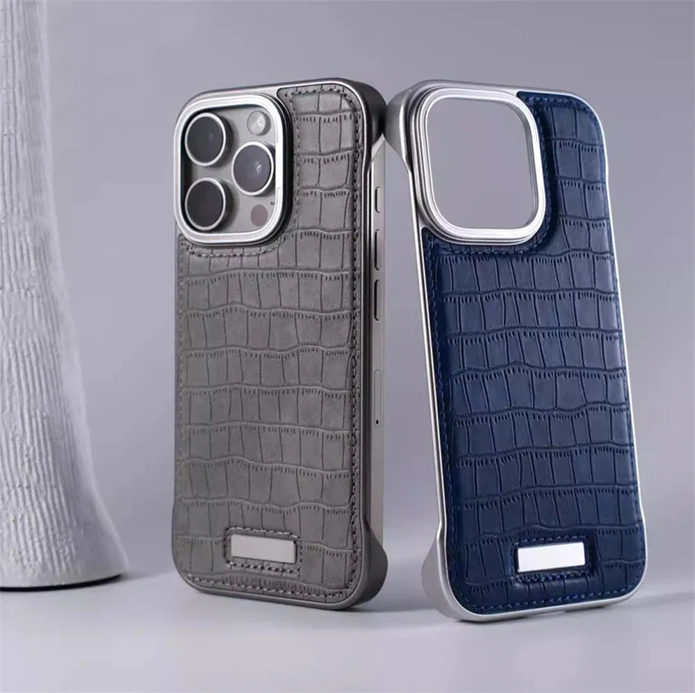 Capinha para iPhone em Couro com Acabamento em Metal Reforçado