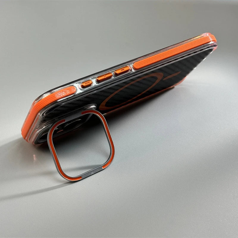 Capinha Transparente para iPhone com Fibra de Carbono e Suporte para Carregamento MagSafe