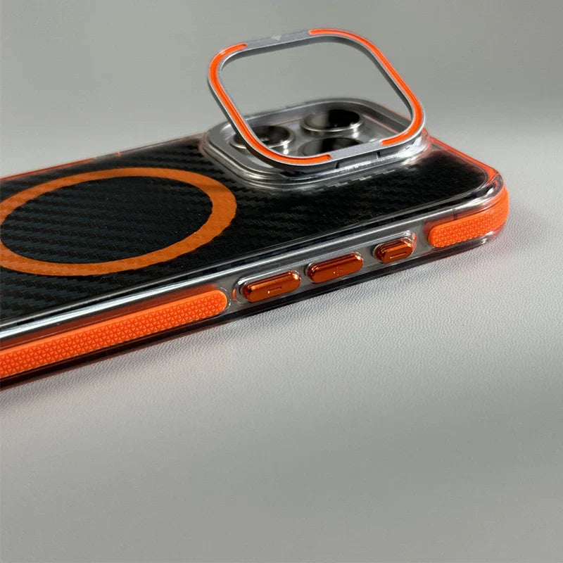 Capinha Transparente para iPhone com Fibra de Carbono e Suporte para Carregamento MagSafe