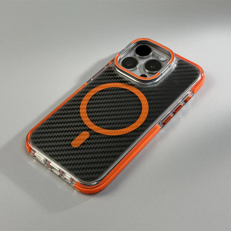Capinha Transparente para iPhone com Fibra de Carbono e Suporte para Carregamento MagSafe