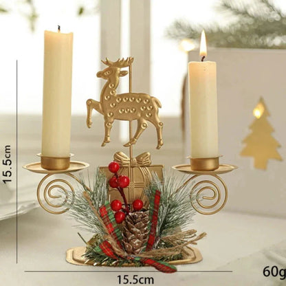 Castiçal de Ferro Dourado com Decoração de Papai Noel e Rena para Natal