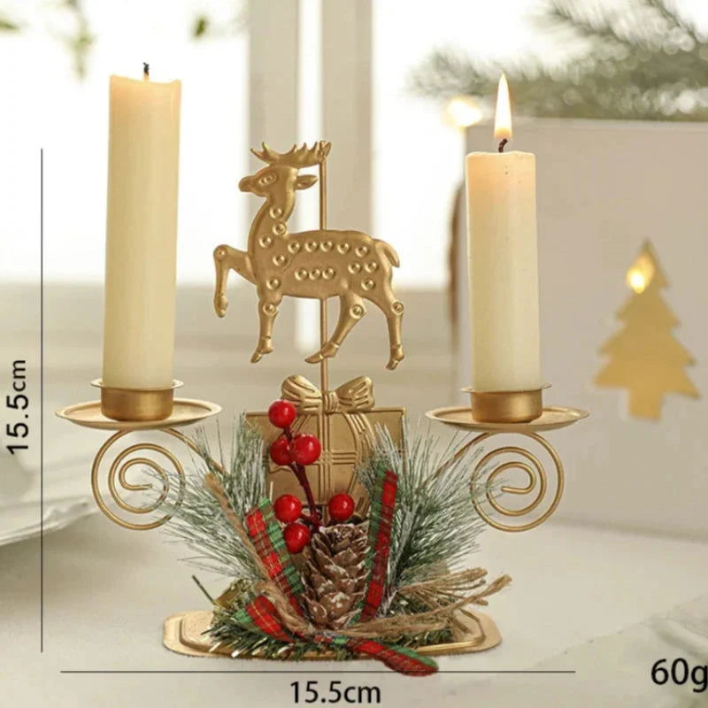 Castiçal de Ferro Dourado com Decoração de Papai Noel e Rena para Natal
