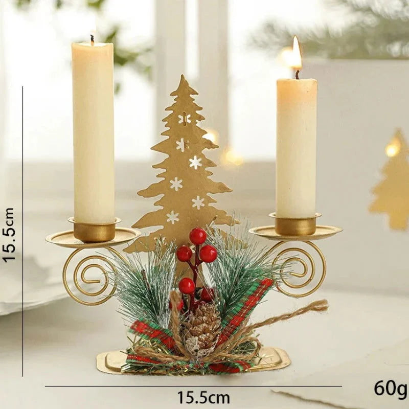 Castiçal de Ferro Dourado com Decoração de Papai Noel e Rena para Natal