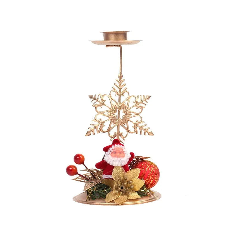 Castiçal de Ferro Dourado com Decoração de Papai Noel e Rena para Natal