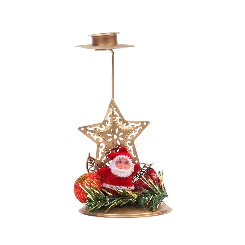 Castiçal de Ferro Dourado com Decoração de Papai Noel e Rena para Natal