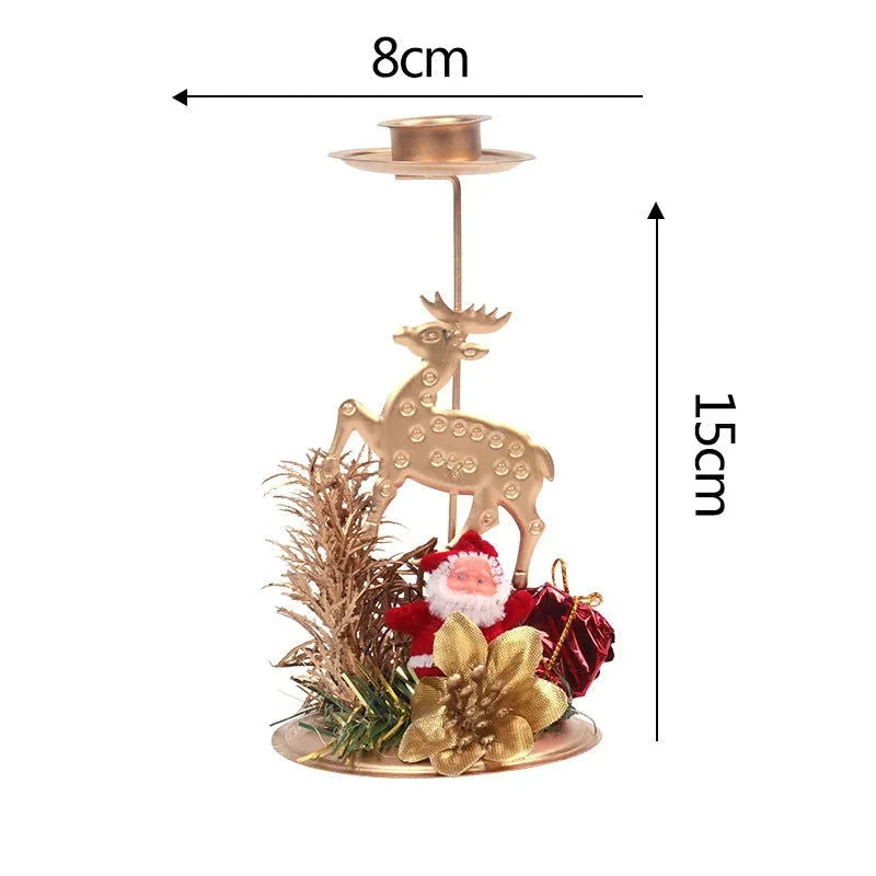 Castiçal de Ferro Dourado com Decoração de Papai Noel e Rena para Natal