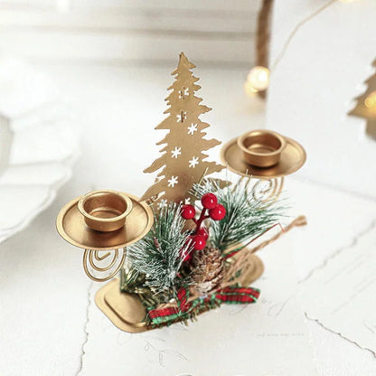 Castiçal de Ferro Dourado com Decoração de Papai Noel e Rena para Natal